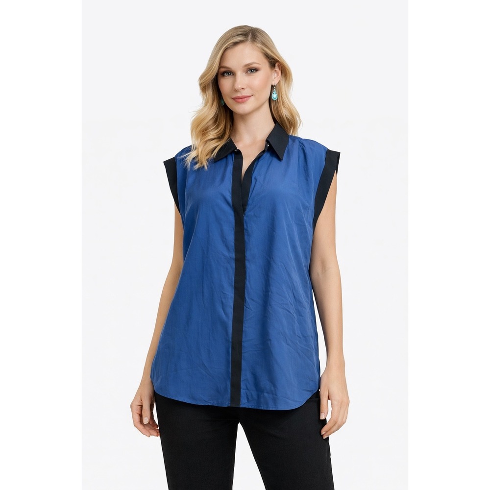 7 For All Mankind Women's Blue Sleeveless Collared Blouse Top